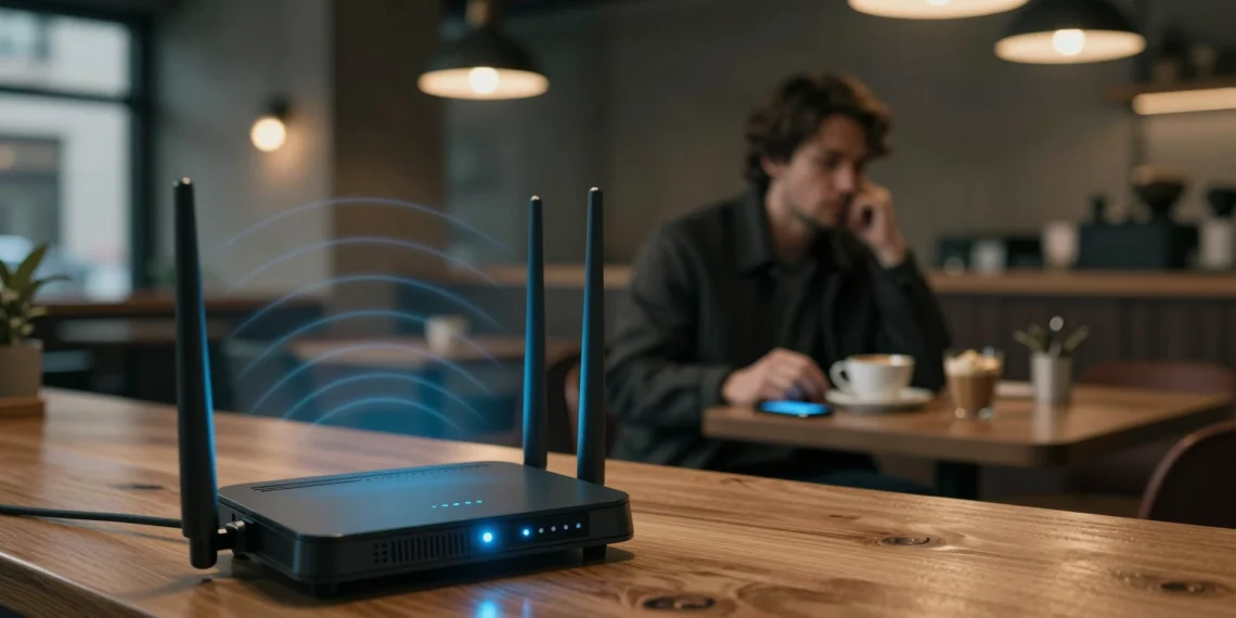 Apagar el móvil ya no es suficiente: el WiFi del bar puede reconocerte sin que lo sepas 1 Router WiFi con luz azul en una cafetería oscura mientras un hombre con el móvil apagado es rastreado sin saberlo
