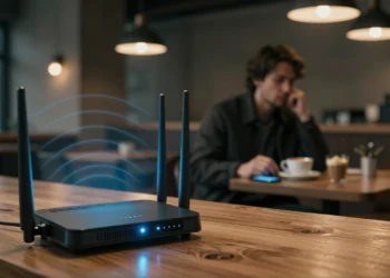 Apagar el móvil ya no es suficiente: el WiFi del bar puede reconocerte sin que lo sepas 8 Router WiFi con luz azul en una cafetería oscura mientras un hombre con el móvil apagado es rastreado sin saberlo