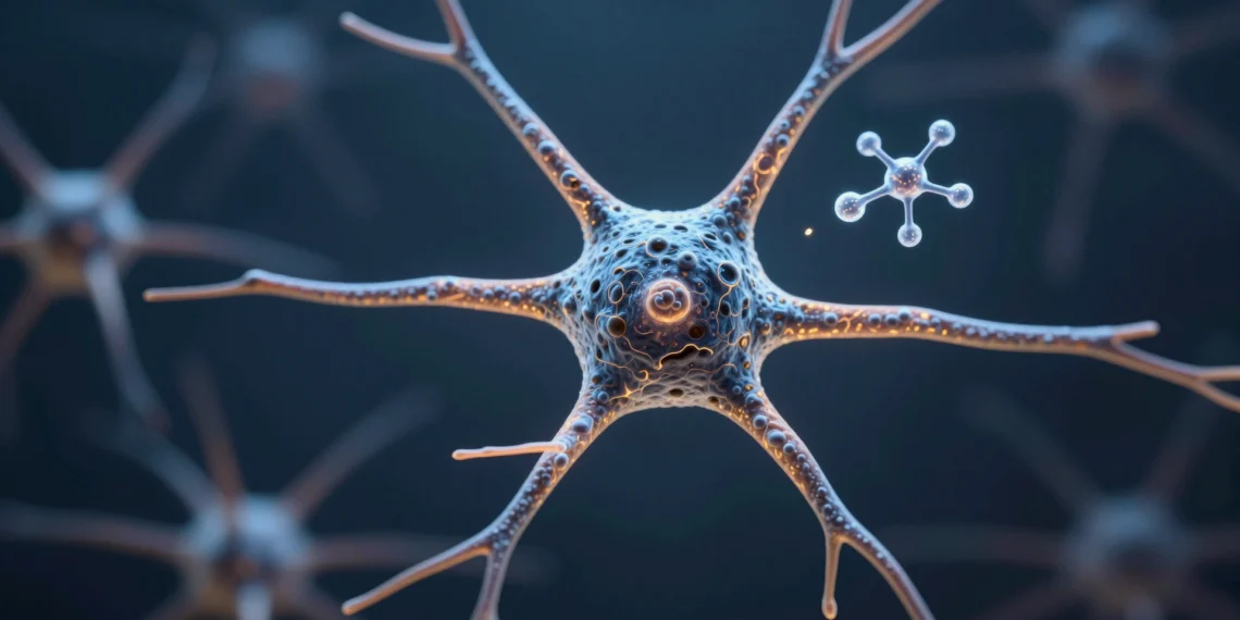 Una vitamina conocida por coagular la sangre podría ayudar al cerebro a regenerar neuronas perdidas por el Alzheimer 1 Neurona luminosa con dendritas en tejido cerebral oscuro, evocando regeneración neuronal en el Alzheimer con vitamina K