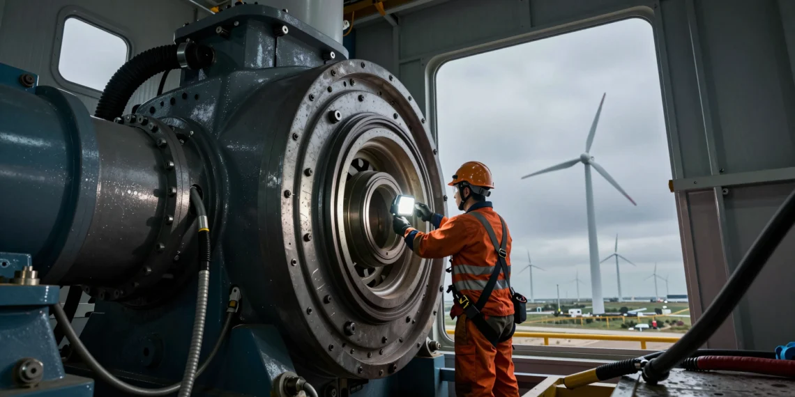 Aerogeneradores con tasas de fallo del 50 %: la industria eólica lleva años buscando respuestas dentro de sus propias cajas de engranajes 1 Técnico inspecciona la caja de engranajes de un aerogenerador con signos de desgaste en los rodamientos
