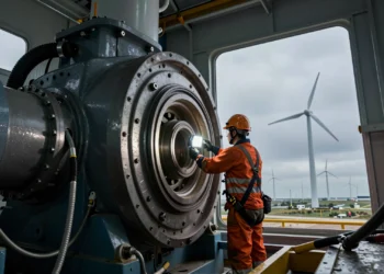 Técnico inspecciona la caja de engranajes de un aerogenerador con signos de desgaste en los rodamientos