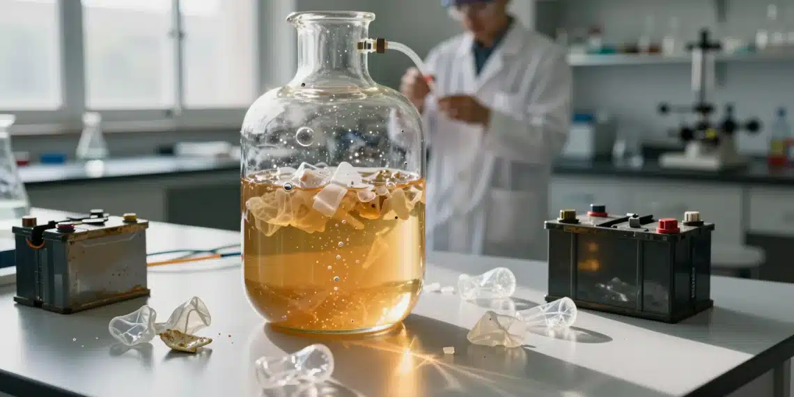 Residuos plásticos y ácido de baterías viejas: la combinación inesperada que produce hidrógeno limpio con luz solar 1 Reactores de vidrio en un laboratorio de química con solución ácida y fragmentos de plástico para producir hidrógeno.