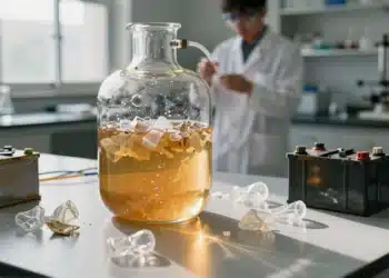 Residuos plásticos y ácido de baterías viejas: la combinación inesperada que produce hidrógeno limpio con luz solar 10 Reactores de vidrio en un laboratorio de química con solución ácida y fragmentos de plástico para producir hidrógeno.