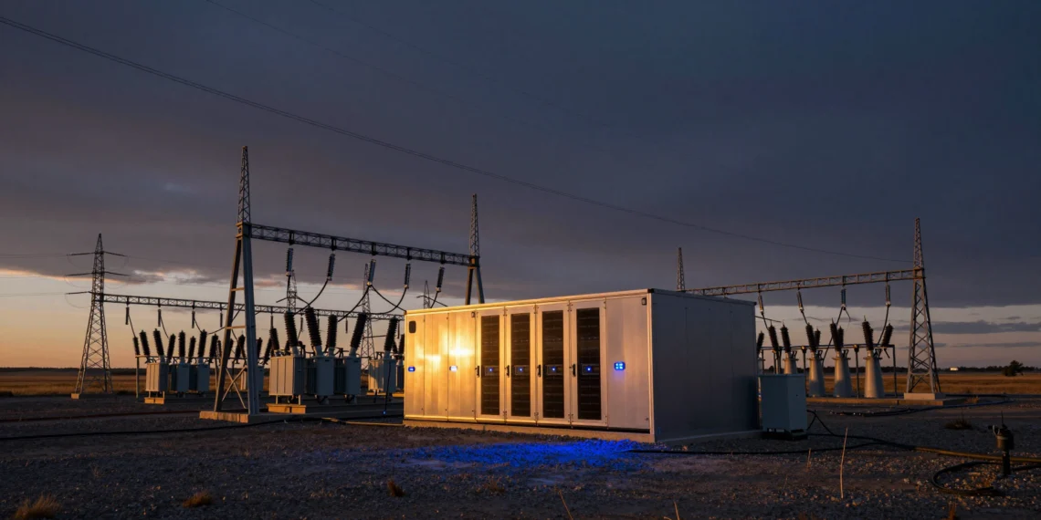 Nvidia construirá 25 micro centros de datos junto a subestaciones eléctricas para llevar la IA adonde sobra energía 1 Micro centro de datos modular junto a una subestación eléctrica en zona rural al atardecer, con torres de alta tensión