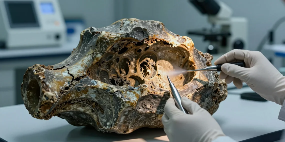Huesos de dinosaurio de 66 millones de años guardan un secreto que los científicos tardaron décadas en atreverse a buscar 1 Científico con guantes examina un fósil de hueso de dinosaurio de 66 millones de años en laboratorio con iluminación clínica