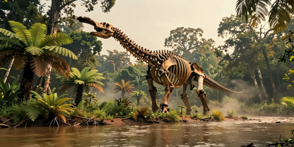 Encontrado en Tailandia el mayor dinosaurio del Sudeste Asiático: un coloso de 27 toneladas que vivió al borde de un río hace 100 millones de años 1 Esqueleto de titanosaurio gigante junto a un río prehistórico en Tailandia, el mayor dinosaurio del Sudeste Asiático