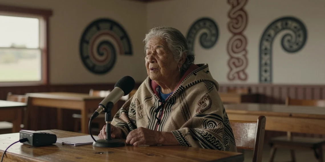 Una voz que no pertenece a ninguna empresa: la comunidad māori construye su propia IA para proteger su lengua 1 Anciana māori grabando su voz en te reo Māori ante un micrófono en un salón comunitario de Nueva Zelanda