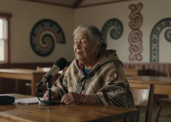 Una voz que no pertenece a ninguna empresa: la comunidad māori construye su propia IA para proteger su lengua 2 Anciana māori grabando su voz en te reo Māori ante un micrófono en un salón comunitario de Nueva Zelanda