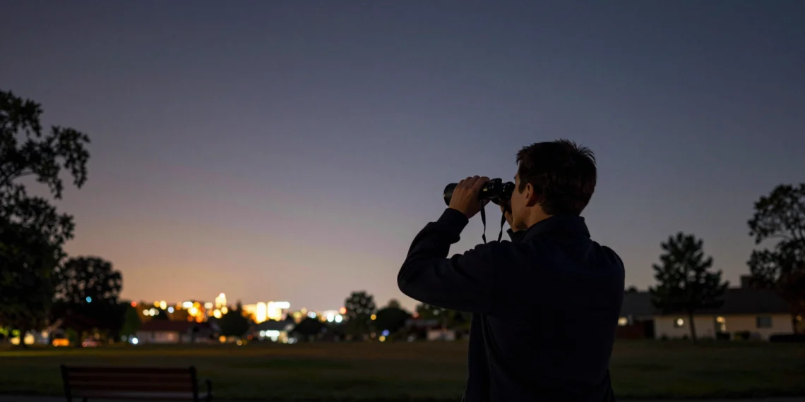 Nikon lanza sus prismáticos Action 7x50 y podrían ser el mejor punto de entrada a la astronomía amateur por menos de 150 dólares 1 Persona observando el cielo estrellado con prismáticos Nikon en un parque suburbano al atardecer.