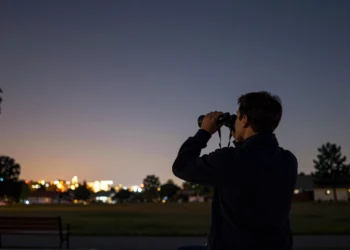 Nikon lanza sus prismáticos Action 7x50 y podrían ser el mejor punto de entrada a la astronomía amateur por menos de 150 dólares 6 Persona observando el cielo estrellado con prismáticos Nikon en un parque suburbano al atardecer.