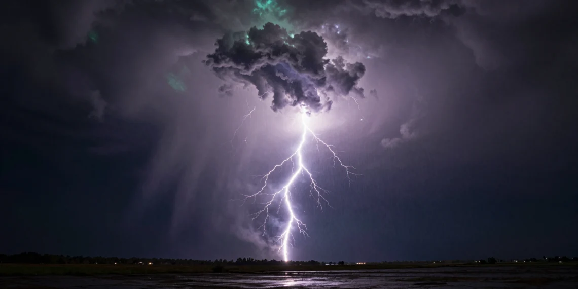 Dentro de cada rayo hay física de supernovas y agujeros negros, y los científicos apenas están empezando a entenderlo 1 Rayo masivo iluminando un cumulonimbus nocturno sobre llanura mojada, con destellos violetas y fenómenos de alta energía