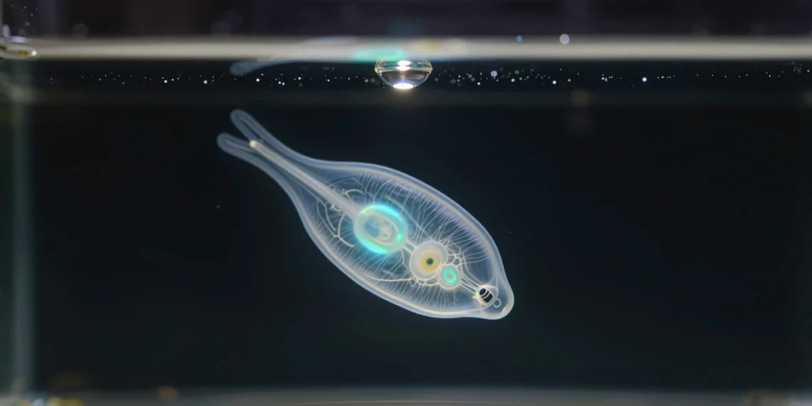 Investigadores descubren por casualidad un organismo microscópico con un código genético nunca antes descrito que reasigna dos señales de parada a aminoácidos distintos 1 Organismo microscópico bioluminiscente suspendido en una gota de agua sobre portaobjetos, con código genético sin precedentes