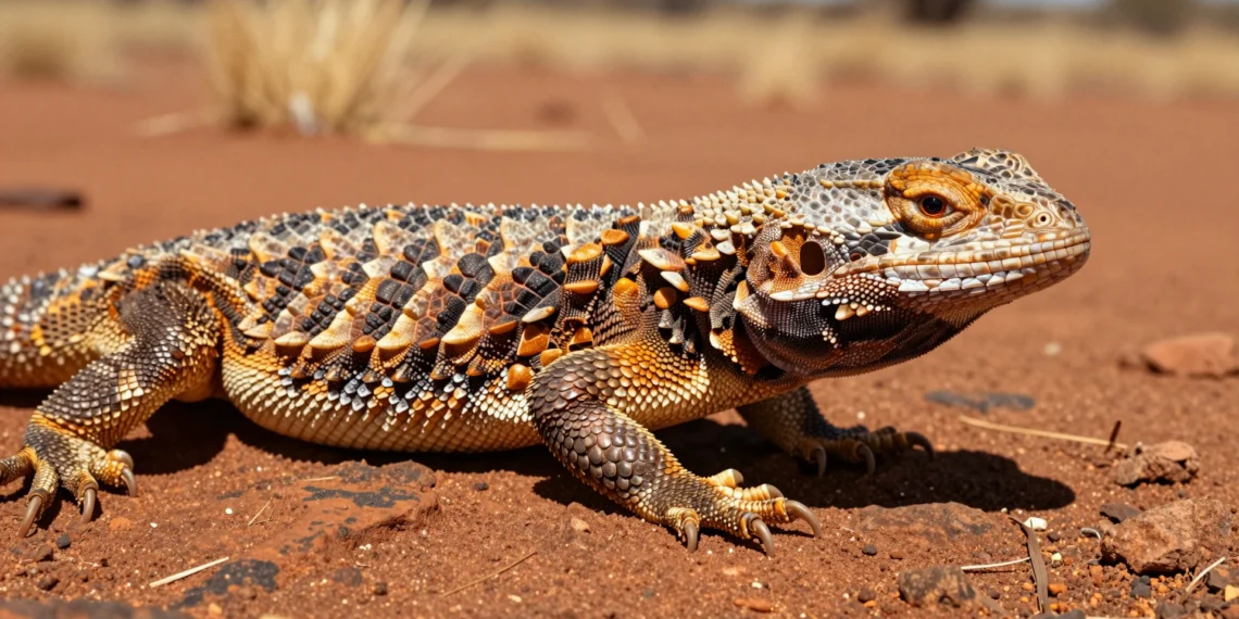 Un estudio de 320 millones de años revela que la armadura ósea de los reptiles evolucionó varias veces — y un lagarto australiano la recuperó tras perderla 1 Primer plano extremo de un lagarto australiano sobre roca ocre mostrando la textura detallada de sus osteodermos óseos