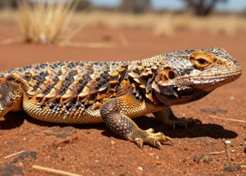 Primer plano extremo de un lagarto australiano sobre roca ocre mostrando la textura detallada de sus osteodermos óseos