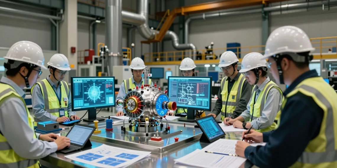 94 millones de dólares para ocho empresas: EE. UU. acelera su apuesta por los pequeños reactores nucleares modulares de nueva generación 1 Ingenieros examinan maqueta de pequeño reactor nuclear modular en instalación de ingeniería nuclear moderna, EE. UU.