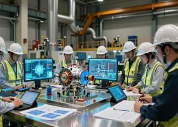 94 millones de dólares para ocho empresas: EE. UU. acelera su apuesta por los pequeños reactores nucleares modulares de nueva generación 5 Ingenieros examinan maqueta de pequeño reactor nuclear modular en instalación de ingeniería nuclear moderna, EE. UU.