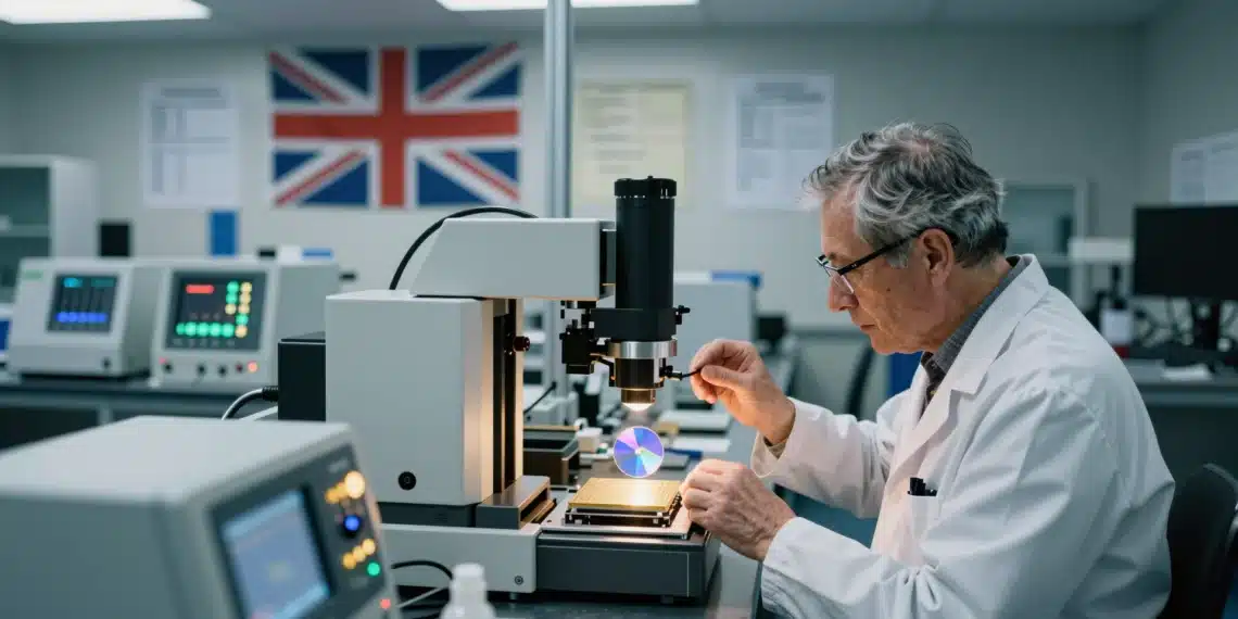 Reino Unido no fabricará los chips del futuro, pero quiere decidir cómo se miden y certifican 1 Científico examina un wafer de silicio en un laboratorio de metrología del Reino Unido.