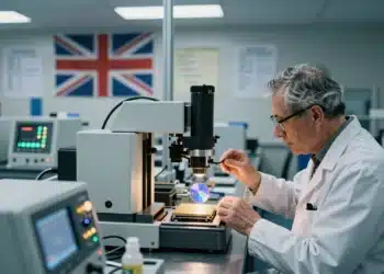 Reino Unido no fabricará los chips del futuro, pero quiere decidir cómo se miden y certifican 3 Científico examina un wafer de silicio en un laboratorio de metrología del Reino Unido.