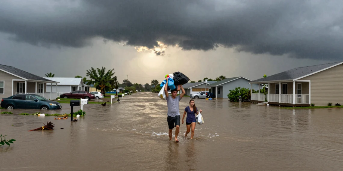 Huracanes cada vez más húmedos: la escalada silenciosa que convierte las lluvias tropicales en inundaciones sin precedentes 1 Barrio inundado tras un huracán tropical en la Costa del Golfo de EE.UU., con familias en el agua.