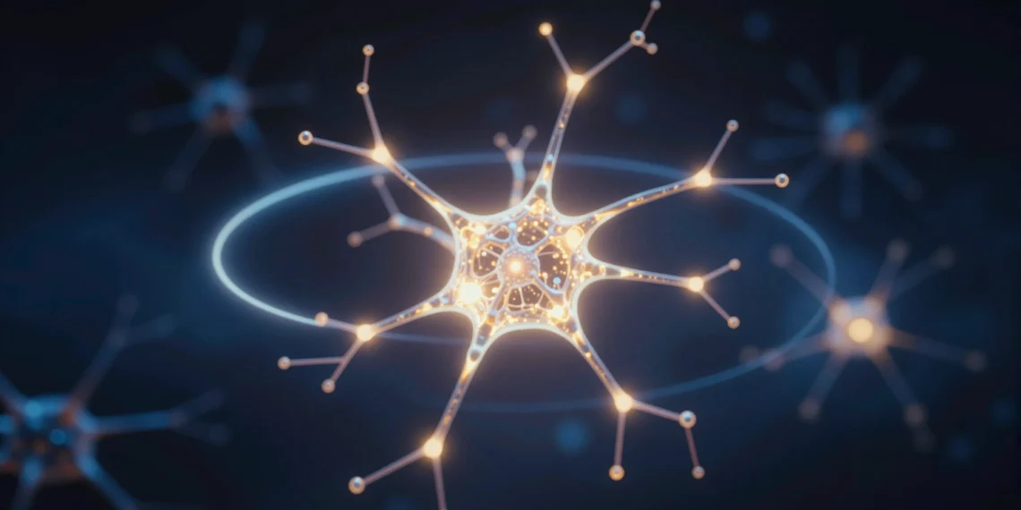 Un estudio revela que fortalecer conexiones cerebrales puede aislar las ideas en bucles sin salida 1 Red neuronal brillante con nodos interconectados atrapados en un bucle cerrado de luz ámbar sobre fondo azul oscuro