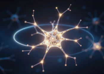 Un estudio revela que fortalecer conexiones cerebrales puede aislar las ideas en bucles sin salida 9 Red neuronal brillante con nodos interconectados atrapados en un bucle cerrado de luz ámbar sobre fondo azul oscuro