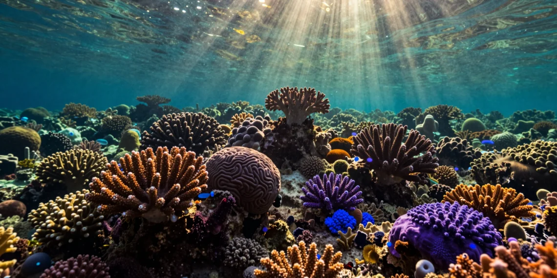 Dentro de los arrecifes de coral se esconde una "biblioteca molecular" con 645 especies microbianas desconocidas y potencial médico inexplorado 1 Arrecife de coral vibrante en el Pacífico con microorganismos y partículas bioluminiscentes