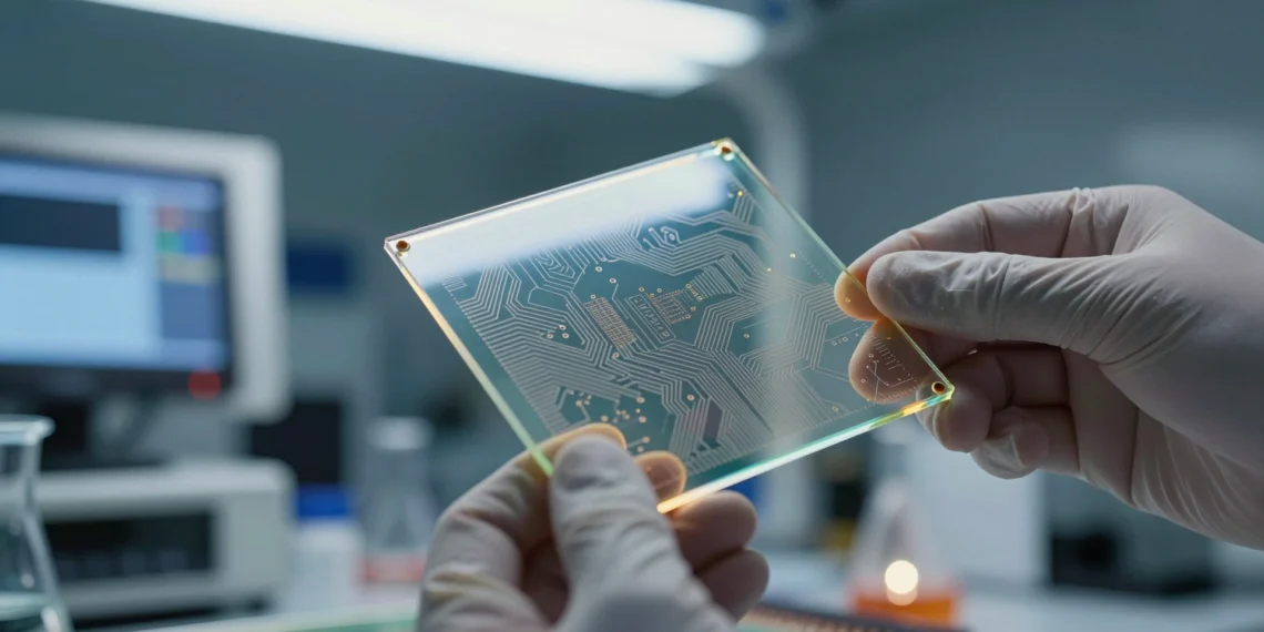 Investigadores fabrican chips 3D de silicio a baja temperatura y abren una vía inesperada hacia circuitos más densos 1 Investigador con guantes manipula una oblea de silicio en sala limpia con circuitos microscópicos grabados