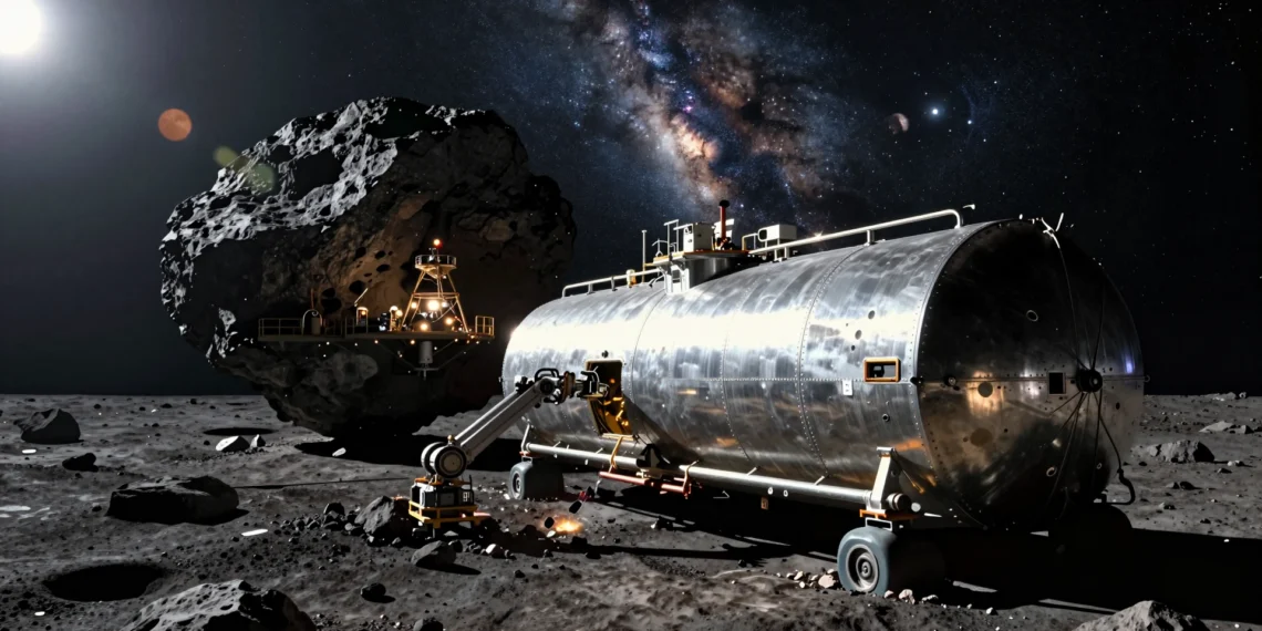 Abastecer una ciudad en Marte exigiría "gasolineras" en asteroides: un estudio revela la cadena logística necesaria 1 Nave industrial en un asteroide extrayendo mineral para abastecer Marte.