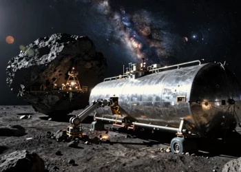 Abastecer una ciudad en Marte exigiría "gasolineras" en asteroides: un estudio revela la cadena logística necesaria 5 Nave industrial en un asteroide extrayendo mineral para abastecer Marte.