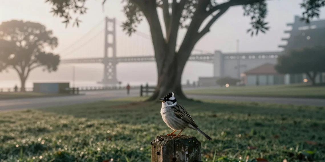 Bastó una pandemia para que los gorriones de San Francisco recuperaran canciones perdidas hace décadas — y expusieran una crisis que nadie oía 1 Gorrión de corona blanca posado en una valla de madera en el Presidio de San Francisco, cantando al amanecer entre la niebla