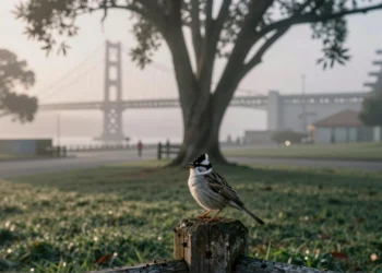 Bastó una pandemia para que los gorriones de San Francisco recuperaran canciones perdidas hace décadas — y expusieran una crisis que nadie oía 6 Gorrión de corona blanca posado en una valla de madera en el Presidio de San Francisco, cantando al amanecer entre la niebla