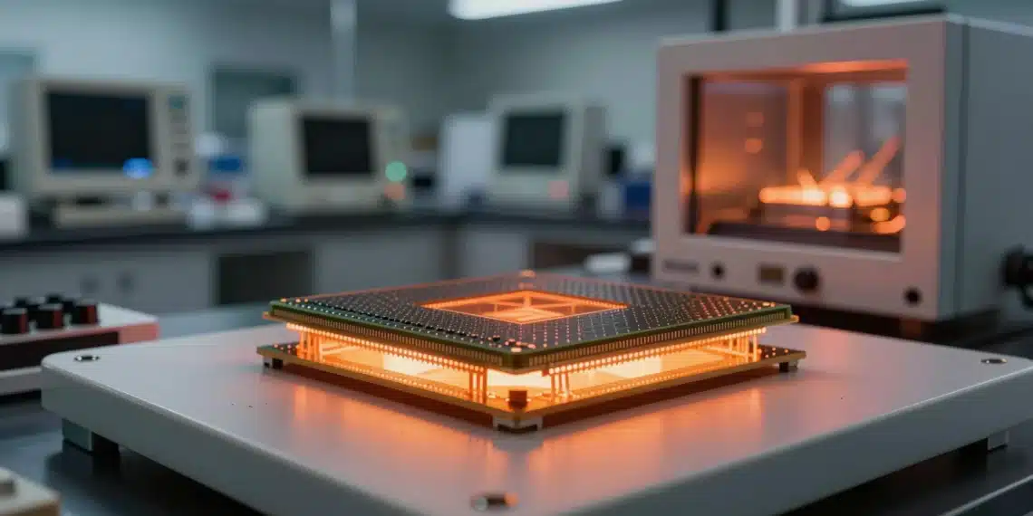 Un dispositivo de memoria basado en grafeno funciona a más de 700 °C y podría transformar la electrónica en entornos extremos 1 Chip de memoria de grafeno brillando en un laboratorio, resistente a altas temperaturas.