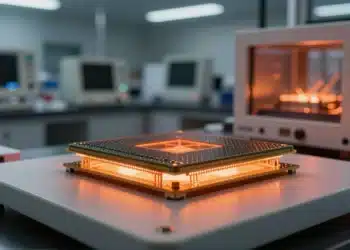 Un dispositivo de memoria basado en grafeno funciona a más de 700 °C y podría transformar la electrónica en entornos extremos 2 Chip de memoria de grafeno brillando en un laboratorio, resistente a altas temperaturas.