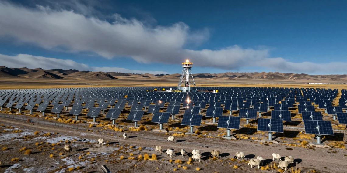 Ovejas entre paneles y sal fundida bajo tierra: así funciona la planta solar más singular de China en el Tíbet 1 Torre solar de sal fundida en el altiplano Qinghai-Tíbet con ovejas pastando entre los heliostatos