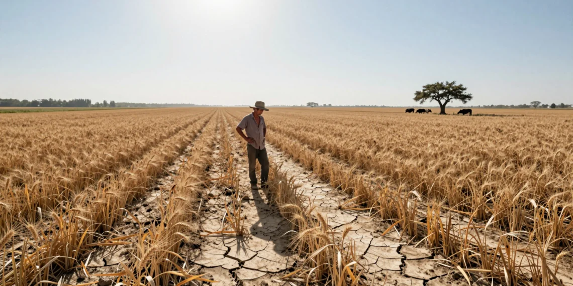 Calor extremo y agricultura: un millón de europeos más sufrieron inseguridad alimentaria en 2023, y la tendencia no se detiene 1 Campo agrícola europeo afectado por calor extremo, con tierra agrietada y cultivos marchitos.