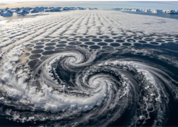 Nubes en espiral, vórtices y una tormenta polar: lo que un satélite de la NASA captó sobre Alaska en el último día del invierno 7 Fotografía aérea de nubes en espiral y tormentas polares sobre el Golfo de Alaska.