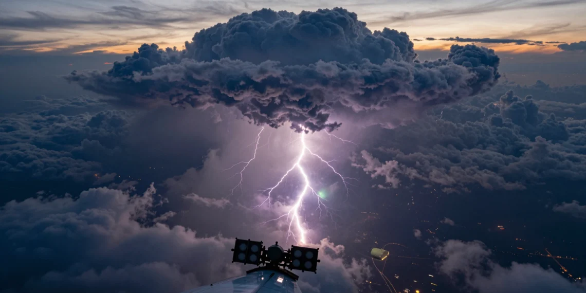 Detectores de rayos gamma dentro de tormentas revelan que los relámpagos podrían nacer de procesos vinculados a supernovas y agujeros negros 1 Vista aérea de una tormenta tropical mostrando relámpagos y destellos gamma en el cielo.