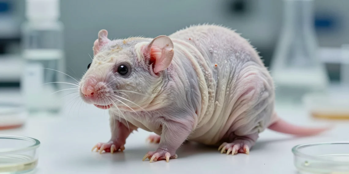 Científicos transfieren un gen de longevidad de la rata topo desnuda a ratones y consiguen que vivan más tiempo y con mejor salud 1 Rata topo desnuda en superficie de laboratorio estéril, con viales y equipos científicos desenfocados al fondo