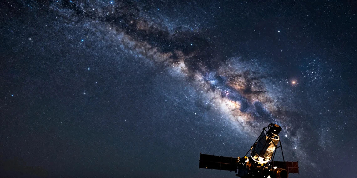 El telescopio Roman de la NASA podría detectar estrellas de neutrones invisibles midiendo cómo deforman el espacio a su alrededor 1 Telescopio espacial de la NASA con fondo de la Vía Láctea y distorsión gravitacional por estrella de neutrones.