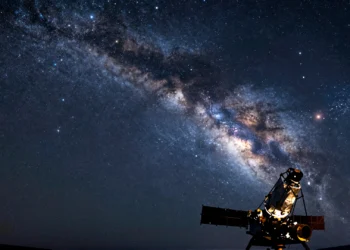 El telescopio Roman de la NASA podría detectar estrellas de neutrones invisibles midiendo cómo deforman el espacio a su alrededor 2 Telescopio espacial de la NASA con fondo de la Vía Láctea y distorsión gravitacional por estrella de neutrones.