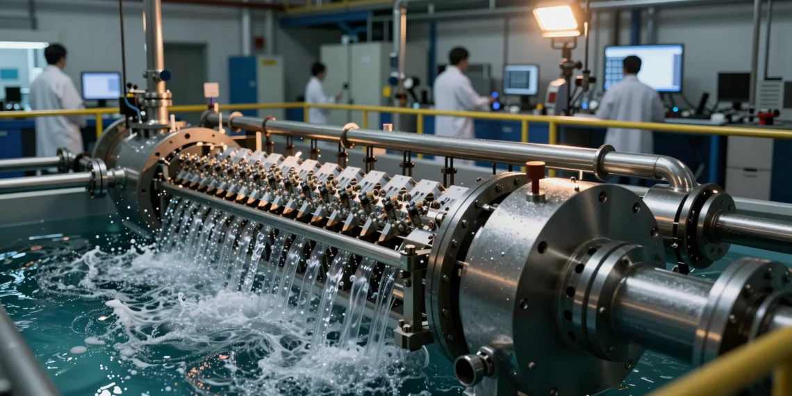 Un nuevo acero «imposible» resiste el agua salada a voltajes extremos y podría abaratar el hidrógeno verde 40 veces 1 Electrolizador industrial de agua de mar para producción de hidrógeno verde con componentes de acero y burbujas de hidrógeno