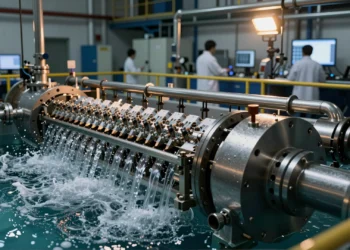 Un nuevo acero «imposible» resiste el agua salada a voltajes extremos y podría abaratar el hidrógeno verde 40 veces 4 Electrolizador industrial de agua de mar para producción de hidrógeno verde con componentes de acero y burbujas de hidrógeno