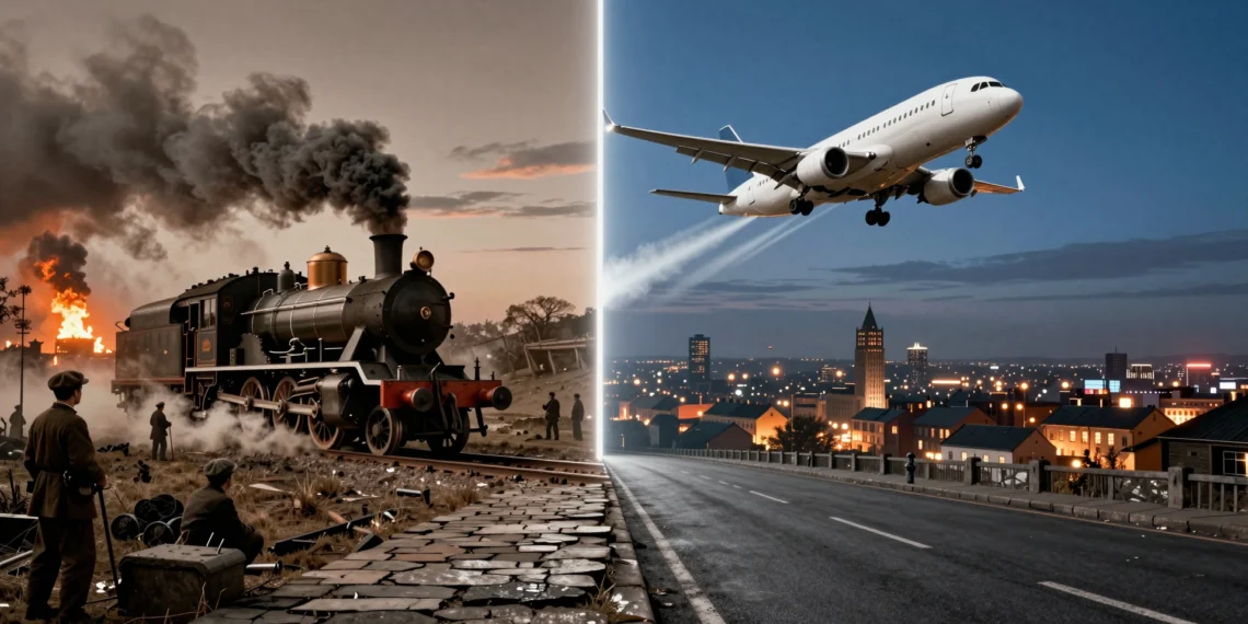 Cada vez que la humanidad adoptó una tecnología radicalmente nueva, el PIB mundial dio un salto que nadie había anticipado 1 Locomotora de vapor del siglo XIX junto a avión moderno, símbolo del impacto tecnológico en el PIB mundial