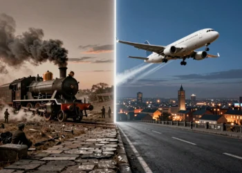 Locomotora de vapor del siglo XIX junto a avión moderno, símbolo del impacto tecnológico en el PIB mundial