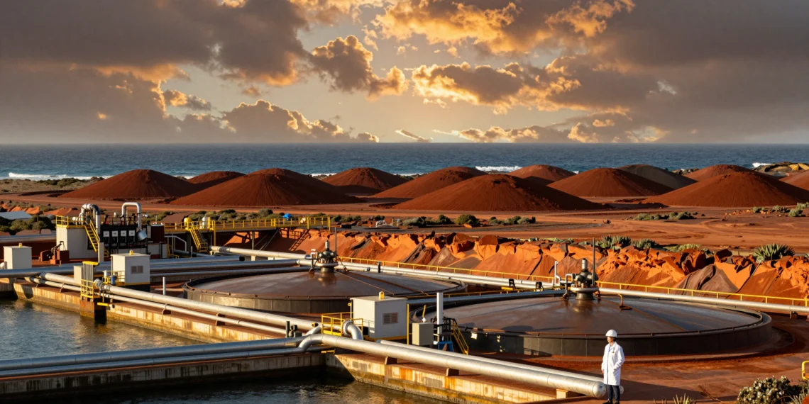 Investigadores australianos descubren cómo convertir el residuo salino de las desaladoras en un ingrediente clave para fabricar acero verde 1 Científica ante planta desaladora costera en Australia con salmuera y mineral de hierro al fondo