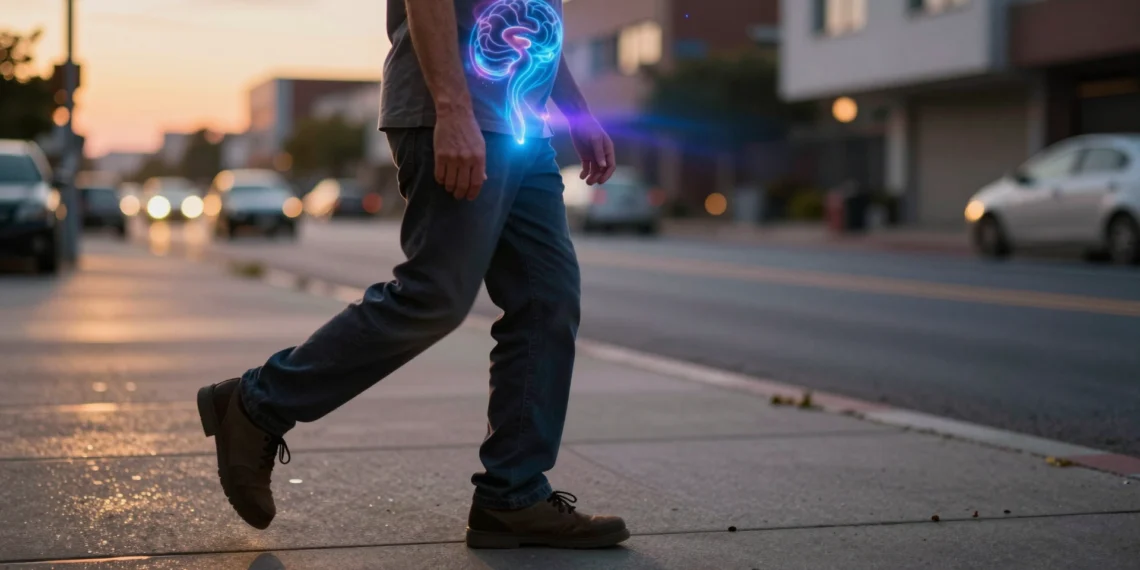 Cada vez que das un paso, tu abdomen mueve el cerebro para limpiar los residuos que podrían causar Alzheimer 1 Persona caminando en acera urbana con resplandor azul bioluminiscente del abdomen al cerebro al atardecer