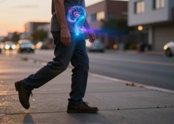 Cada vez que das un paso, tu abdomen mueve el cerebro para limpiar los residuos que podrían causar Alzheimer 7 Persona caminando en acera urbana con resplandor azul bioluminiscente del abdomen al cerebro al atardecer