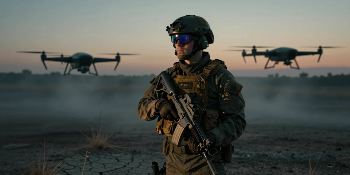 Gafas inteligentes que ordenan ataques con drones con solo mover los ojos: así es el proyecto militar de Anduril y Meta 1 Soldado con gafas de realidad aumentada inteligentes y casco militar observando un dron en un campo de batalla al atardecer