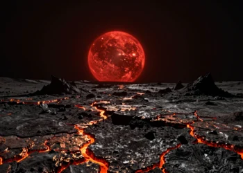 El telescopio Webb analiza la superficie de una "supertierra" a 48 años luz y encuentra un mundo oscuro que recuerda a Mercurio 9 Superficie de una supertierra oscura similar a Mercurio, con rocas volcánicas y una estrella enanas roja.