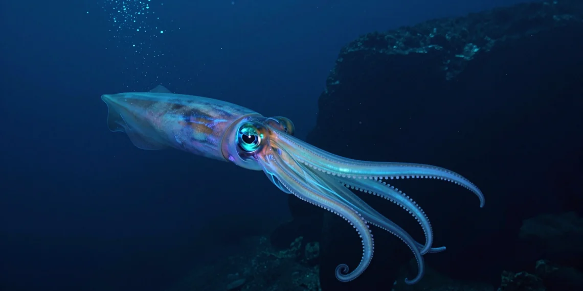 Calamar gigante detectado a 4.000 metros de profundidad: el mundo secreto que se esconde bajo el Índico frente a Australia 1 Calamar gigante bioluminiscente en las profundidades abisales del océano Índico a 4.000 metros de profundidad